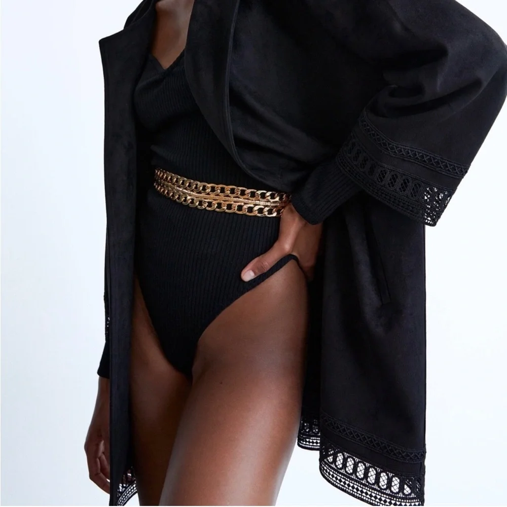 NWT Zara Black Faux Suede Oversized Open Jacket Womens Size XS Crochet Lace Trim